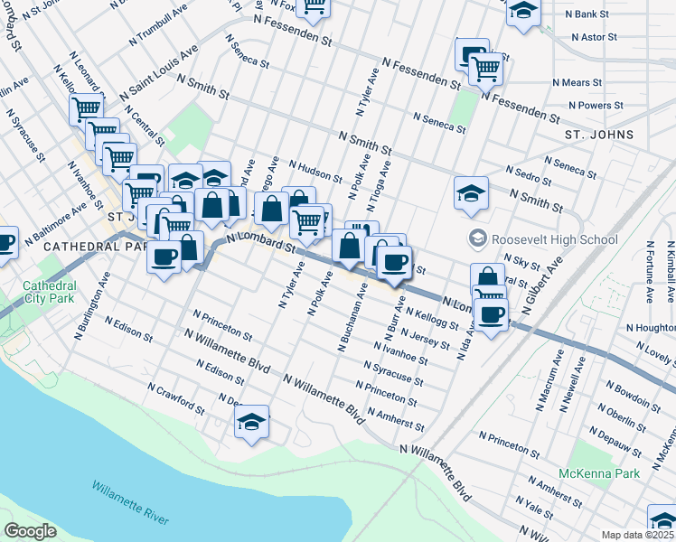 map of restaurants, bars, coffee shops, grocery stores, and more near 7615 North Kellogg Street in Portland
