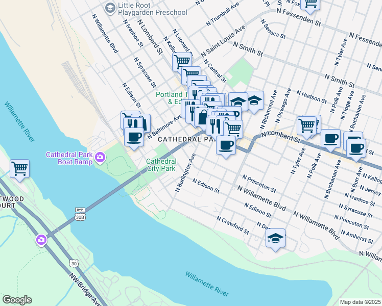 map of restaurants, bars, coffee shops, grocery stores, and more near 8660 North Willamette Boulevard in Portland