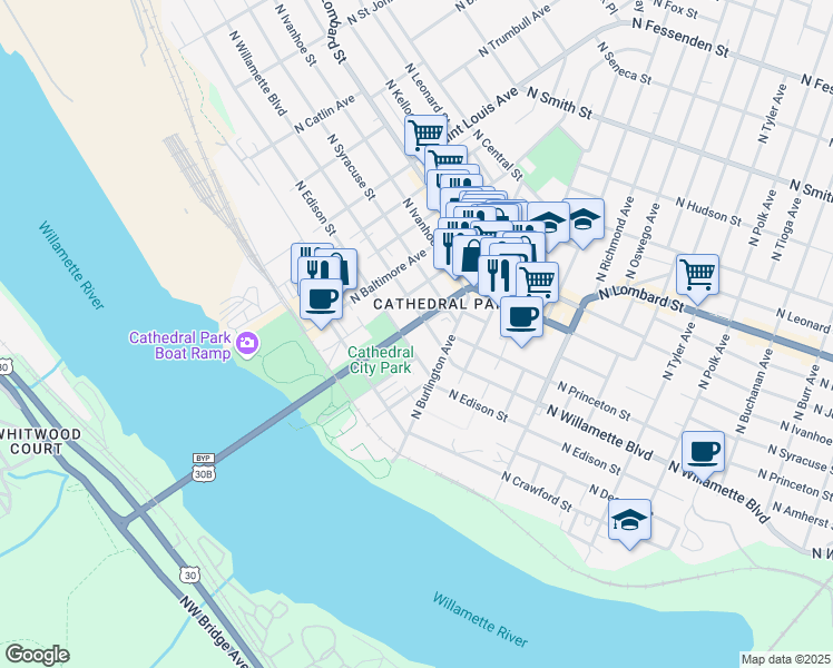 map of restaurants, bars, coffee shops, grocery stores, and more near 8660 North Willamette Boulevard in Portland