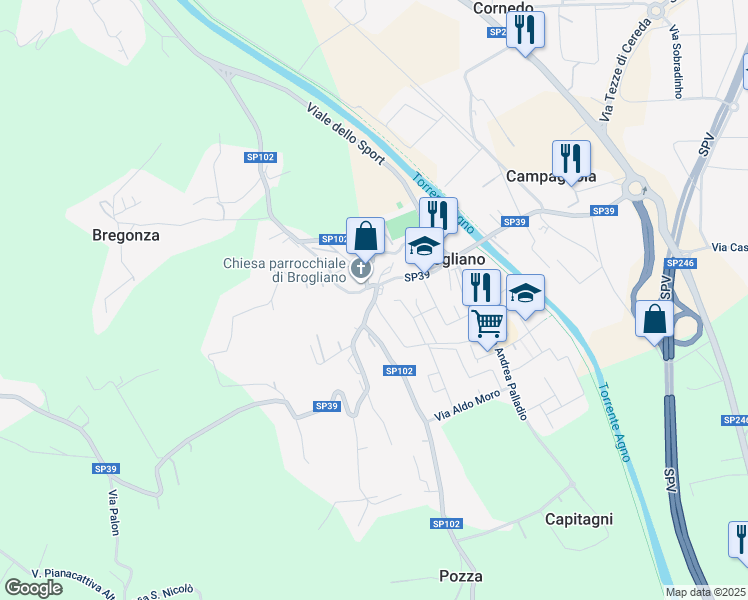 map of restaurants, bars, coffee shops, grocery stores, and more near Strada Provinciale 39 in Brogliano