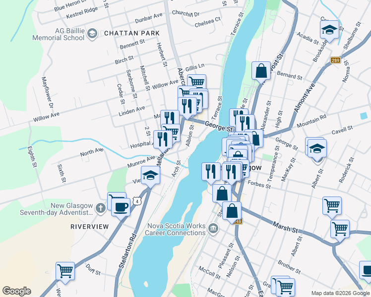 map of restaurants, bars, coffee shops, grocery stores, and more near 90 Albion Street in New Glasgow