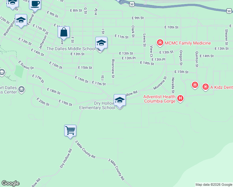 map of restaurants, bars, coffee shops, grocery stores, and more near 1306 East 18th Street in The Dalles