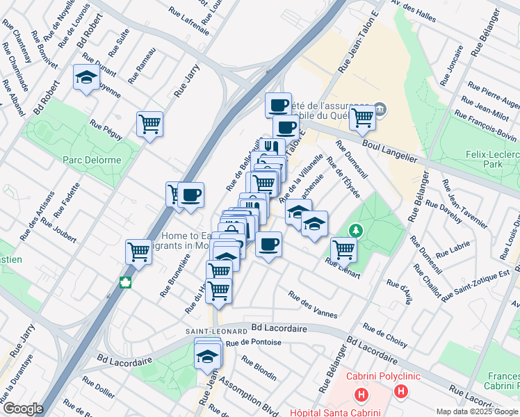 map of restaurants, bars, coffee shops, grocery stores, and more near 6105 Rue Jean Talon Est in Montreal