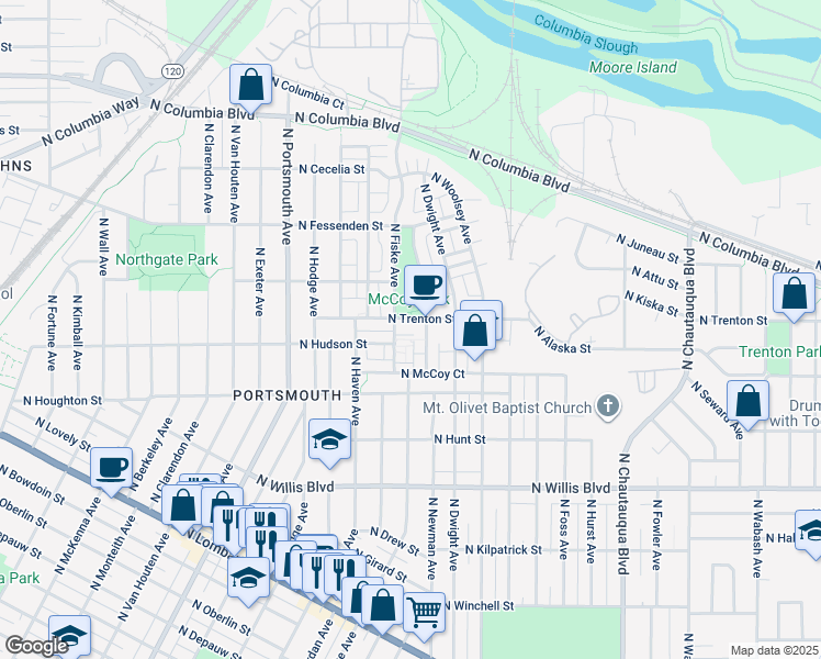 map of restaurants, bars, coffee shops, grocery stores, and more near 4720 North Trenton Street in Portland