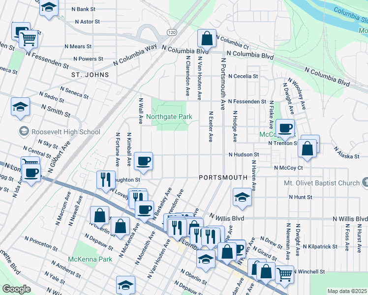 map of restaurants, bars, coffee shops, grocery stores, and more near 9025 North Clarendon Avenue in Portland