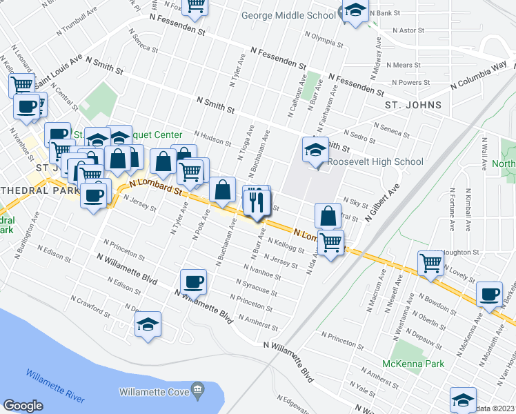 map of restaurants, bars, coffee shops, grocery stores, and more near 7332 North Leonard Street in Portland