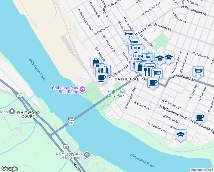 map of restaurants, bars, coffee shops, grocery stores, and more near 8711 North Crawford Street in Portland