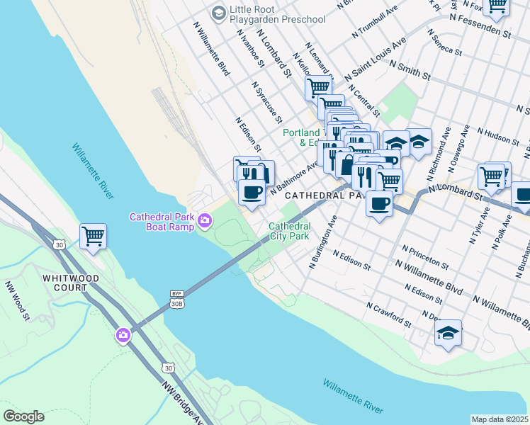 map of restaurants, bars, coffee shops, grocery stores, and more near 8711 North Crawford Street in Portland
