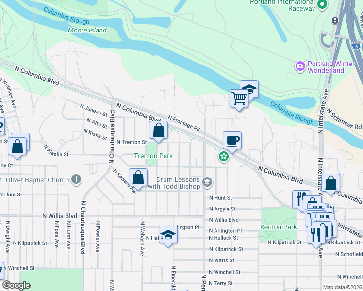 map of restaurants, bars, coffee shops, grocery stores, and more near 9007 North Curtis Avenue in Portland