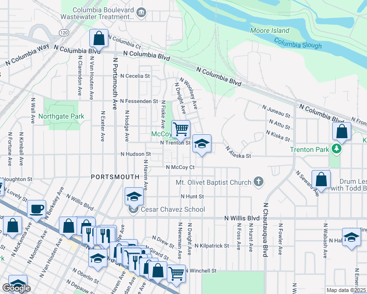 map of restaurants, bars, coffee shops, grocery stores, and more near 8963 North Dwight Avenue in Portland
