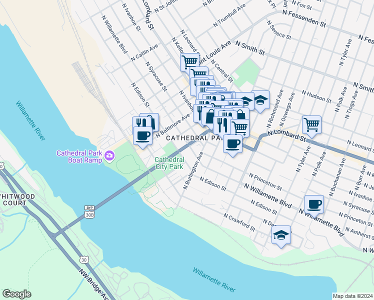 map of restaurants, bars, coffee shops, grocery stores, and more near 8660 North Willamette Boulevard in Portland