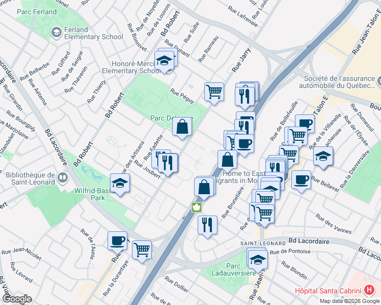map of restaurants, bars, coffee shops, grocery stores, and more near 5800 Rue Jarry Est in Montréal
