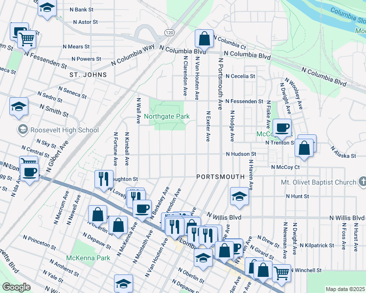 map of restaurants, bars, coffee shops, grocery stores, and more near 9025 North Clarendon Avenue in Portland