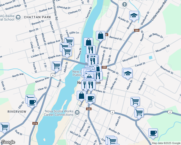 map of restaurants, bars, coffee shops, grocery stores, and more near 99 Provost Street in New Glasgow