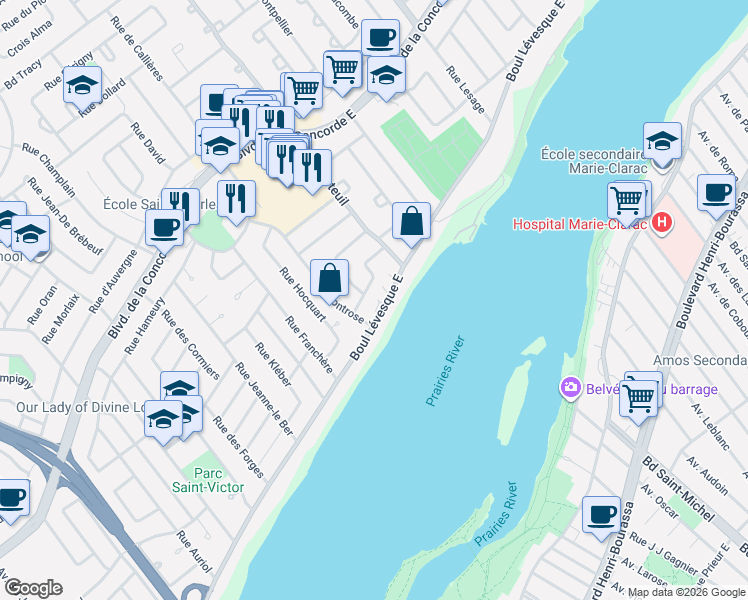 map of restaurants, bars, coffee shops, grocery stores, and more near 3075 Boulevard Lévesque Est in Laval