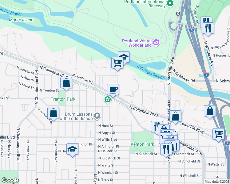 map of restaurants, bars, coffee shops, grocery stores, and more near 9100 North Wilbur Avenue in Portland