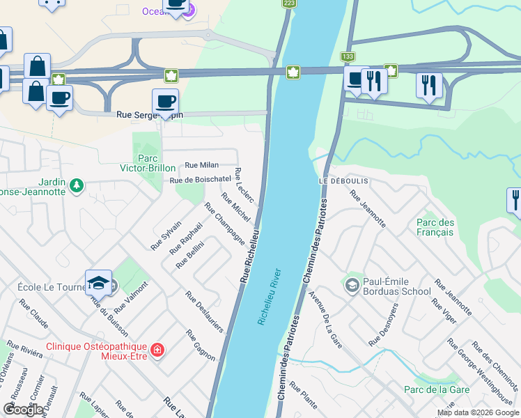 map of restaurants, bars, coffee shops, grocery stores, and more near Rue Richelieu in Beloeil