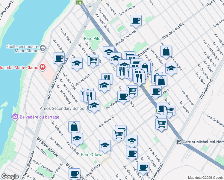 map of restaurants, bars, coffee shops, grocery stores, and more near 3888 Rue Monselet in Montréal