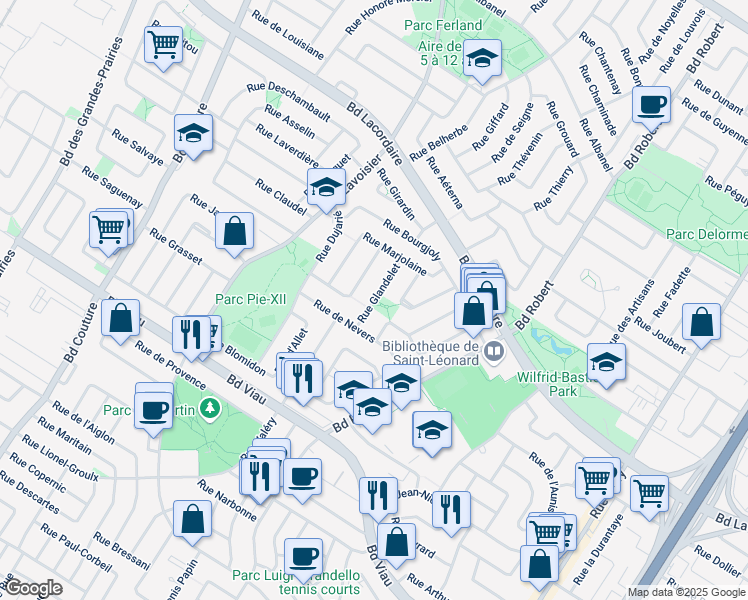map of restaurants, bars, coffee shops, grocery stores, and more near 5339 Rue Glandelet in Montreal