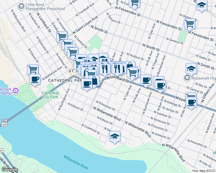 map of restaurants, bars, coffee shops, grocery stores, and more near 8035 North Ivanhoe Street in Portland
