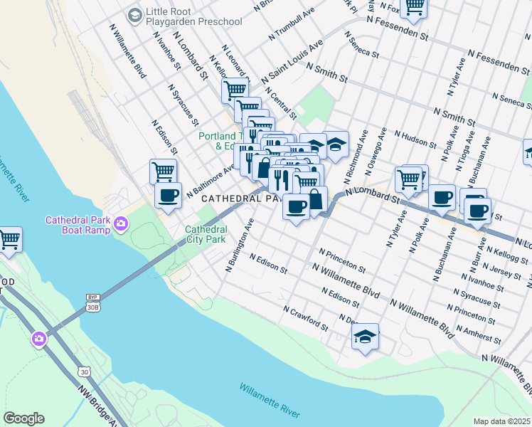 map of restaurants, bars, coffee shops, grocery stores, and more near 8516 North Princeton Street in Portland