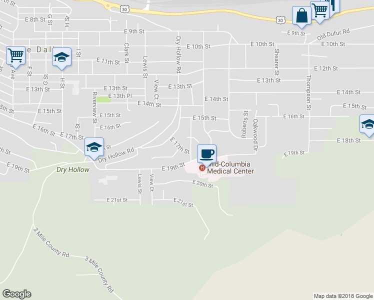 map of restaurants, bars, coffee shops, grocery stores, and more near 1611 Nevada Street in The Dalles