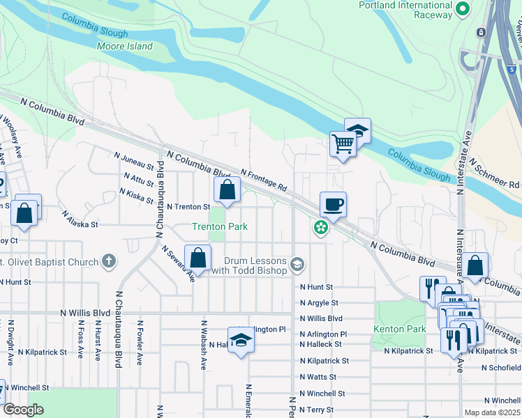 map of restaurants, bars, coffee shops, grocery stores, and more near 9007 North Curtis Avenue in Portland