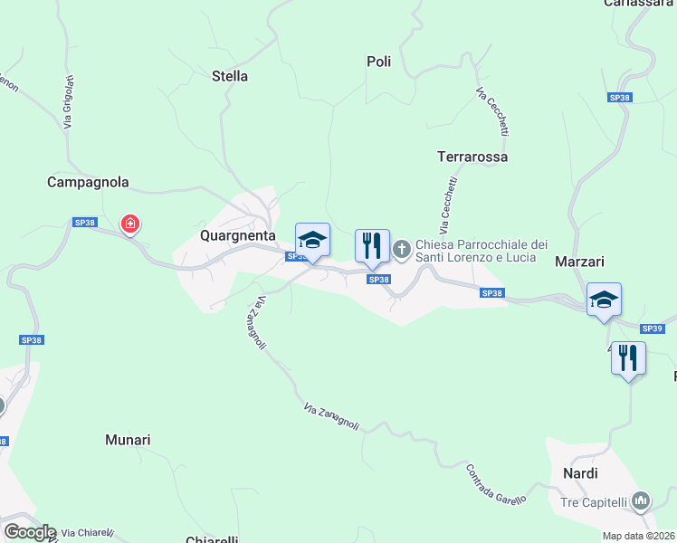 map of restaurants, bars, coffee shops, grocery stores, and more near Strada Provinciale 38 in Quargnenta