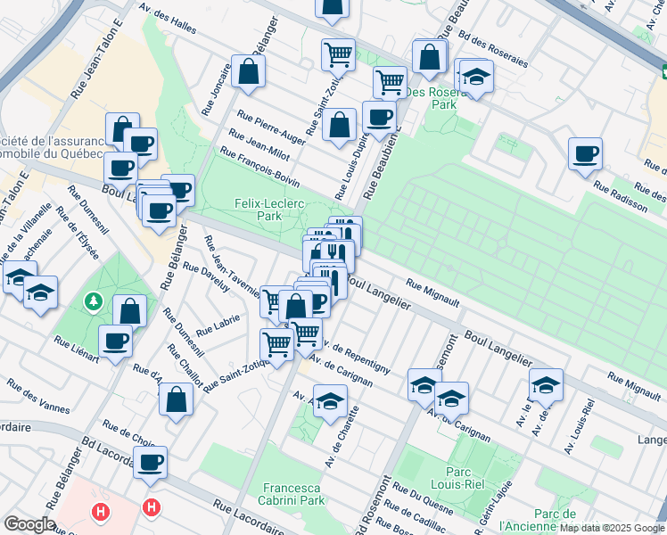 map of restaurants, bars, coffee shops, grocery stores, and more near Boulevard Langelier & Rue Beaubien Est in Montréal