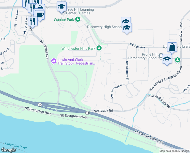 map of restaurants, bars, coffee shops, grocery stores, and more near SE Ascension Dr in Camas