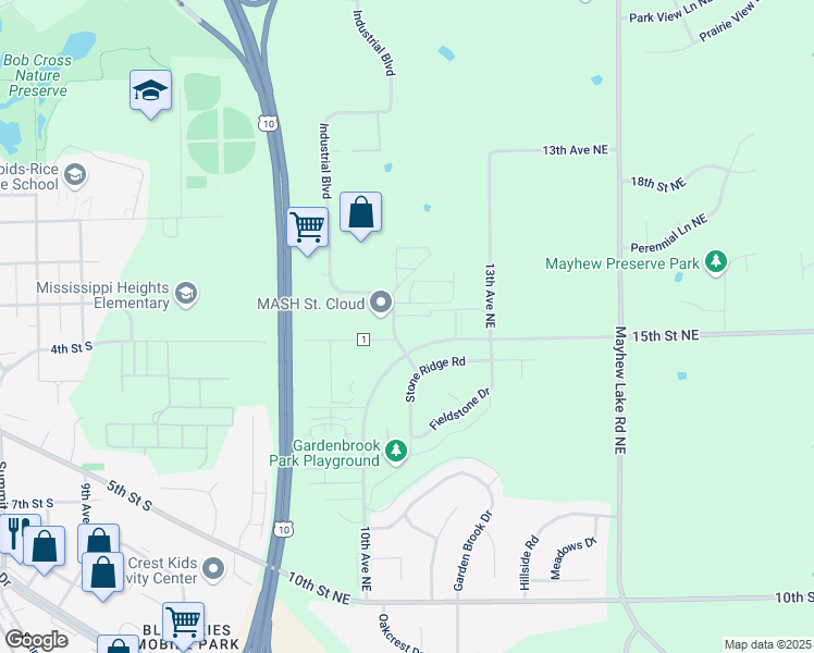 map of restaurants, bars, coffee shops, grocery stores, and more near 1497 10th Avenue Northeast in Sauk Rapids