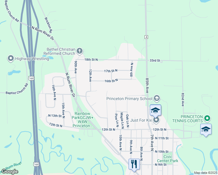 map of restaurants, bars, coffee shops, grocery stores, and more near 1232 11th Avenue North in Princeton
