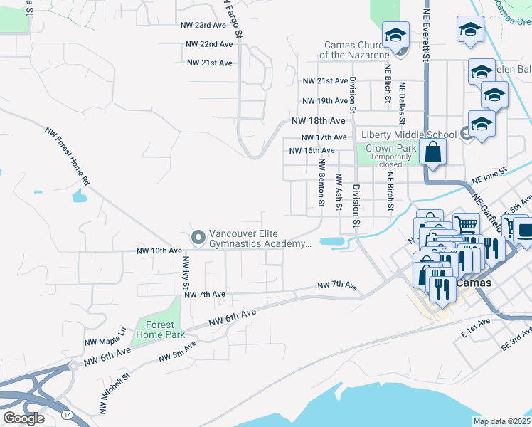map of restaurants, bars, coffee shops, grocery stores, and more near 1060 Northwest Elm Street in Camas
