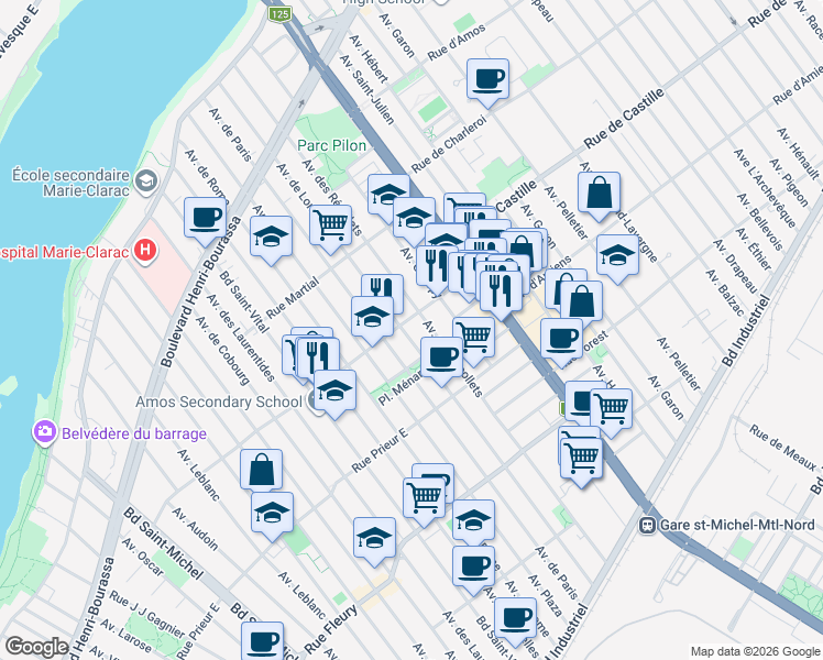 map of restaurants, bars, coffee shops, grocery stores, and more near 3900 Rue Monselet in Montréal