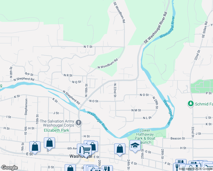 map of restaurants, bars, coffee shops, grocery stores, and more near 2137 North Q Street in Washougal