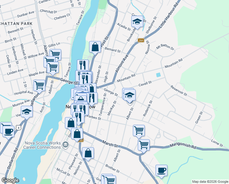 map of restaurants, bars, coffee shops, grocery stores, and more near 254 George Street in New Glasgow