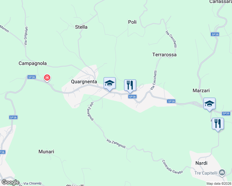 map of restaurants, bars, coffee shops, grocery stores, and more near Strada Provinciale 38 in Quargnenta