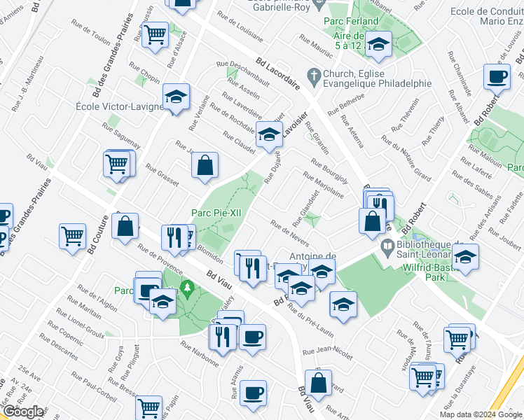 map of restaurants, bars, coffee shops, grocery stores, and more near 8807 Rue de Nevers in Montréal