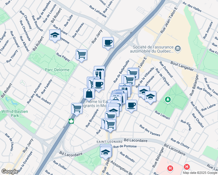 map of restaurants, bars, coffee shops, grocery stores, and more near 6045 Rue de Bellefeuille in Montréal