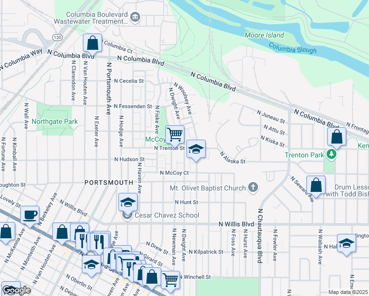 map of restaurants, bars, coffee shops, grocery stores, and more near N Dwight Ave & N Trenton St in Portland