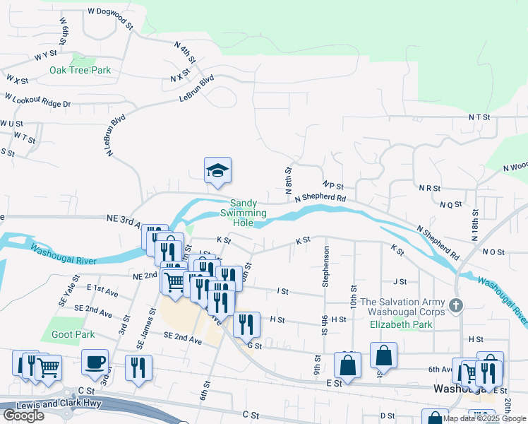 map of restaurants, bars, coffee shops, grocery stores, and more near 665 K Street in Washougal