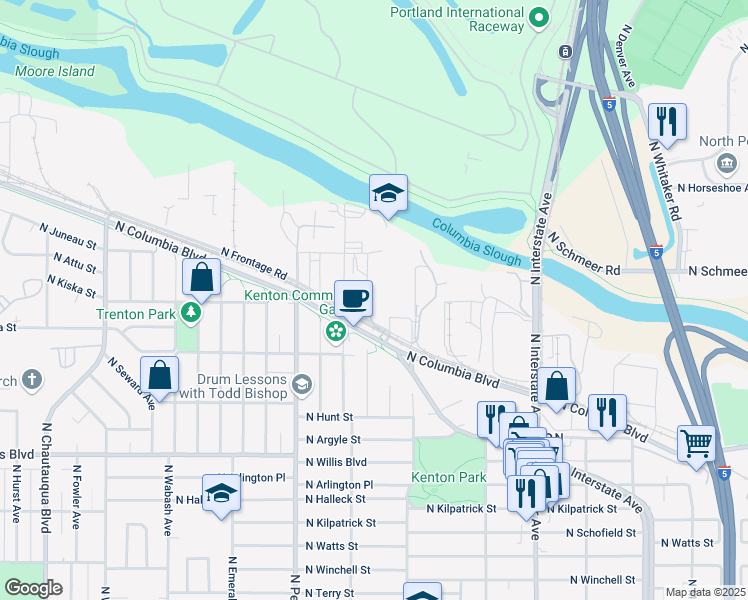 map of restaurants, bars, coffee shops, grocery stores, and more near 9100 North Wilbur Avenue in Portland