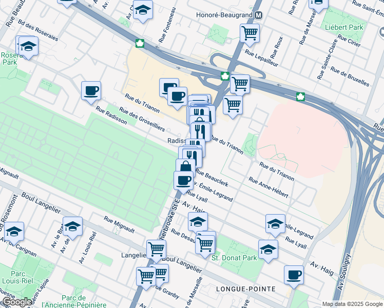map of restaurants, bars, coffee shops, grocery stores, and more near 7145 Québec 138 in Montréal
