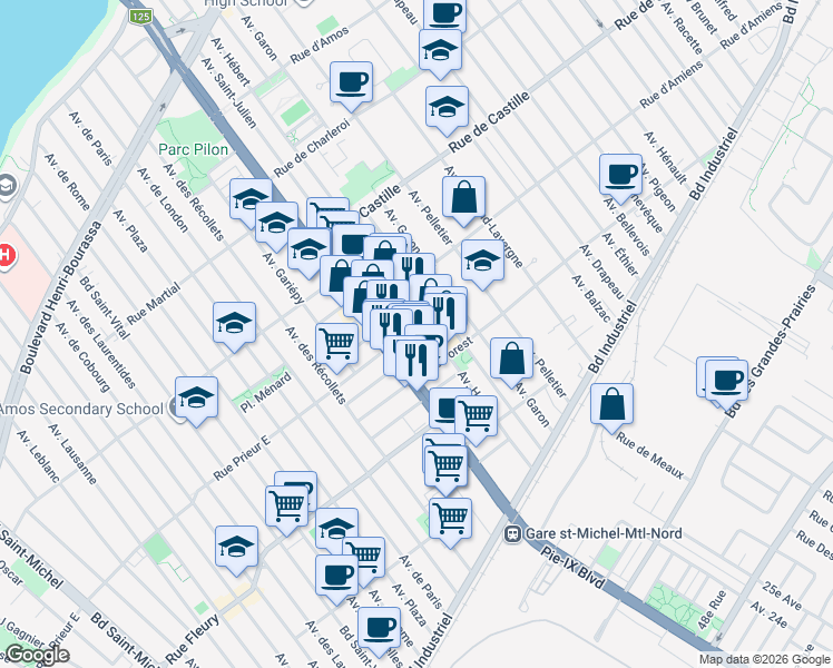 map of restaurants, bars, coffee shops, grocery stores, and more near 10539 Boulevard Pie-IX in Montréal