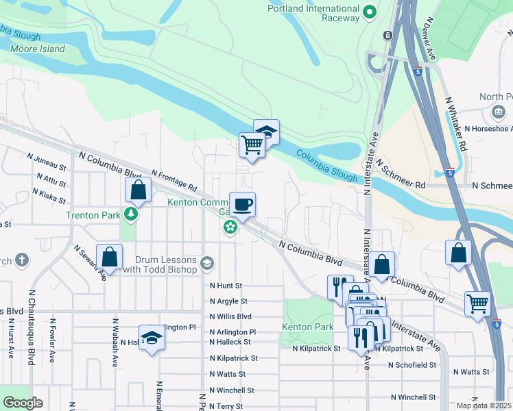 map of restaurants, bars, coffee shops, grocery stores, and more near 9100 North Wilbur Avenue in Portland