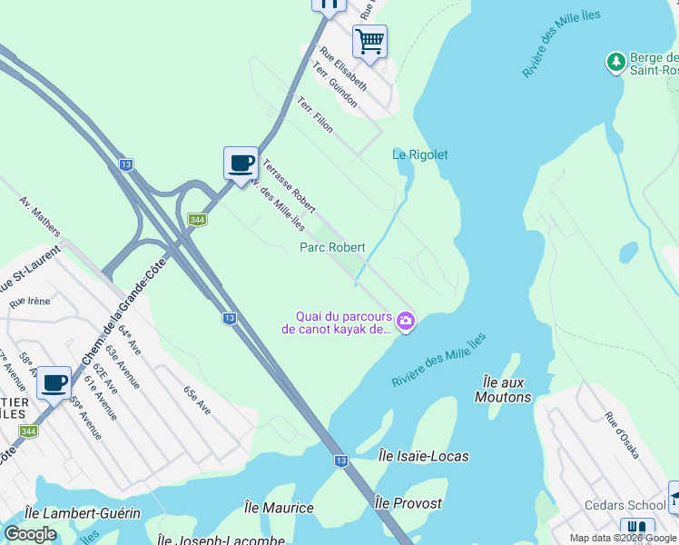 map of restaurants, bars, coffee shops, grocery stores, and more near 62 Avenue des Mille-Îles in Boisbriand