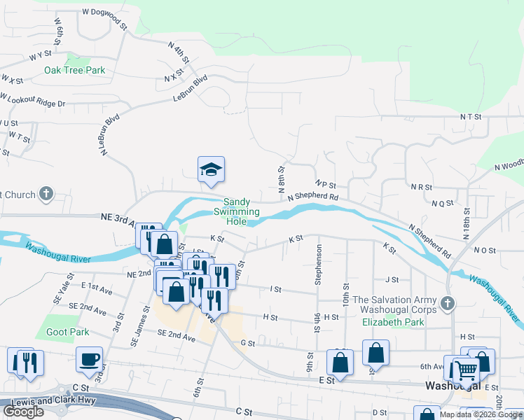 map of restaurants, bars, coffee shops, grocery stores, and more near 690 North Shepherd Road in Washougal