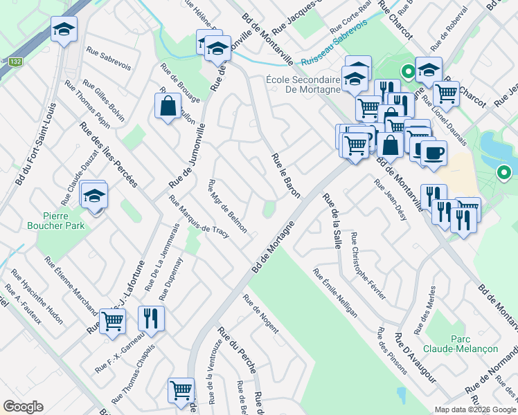 map of restaurants, bars, coffee shops, grocery stores, and more near 252 Rue de Brullon in Boucherville