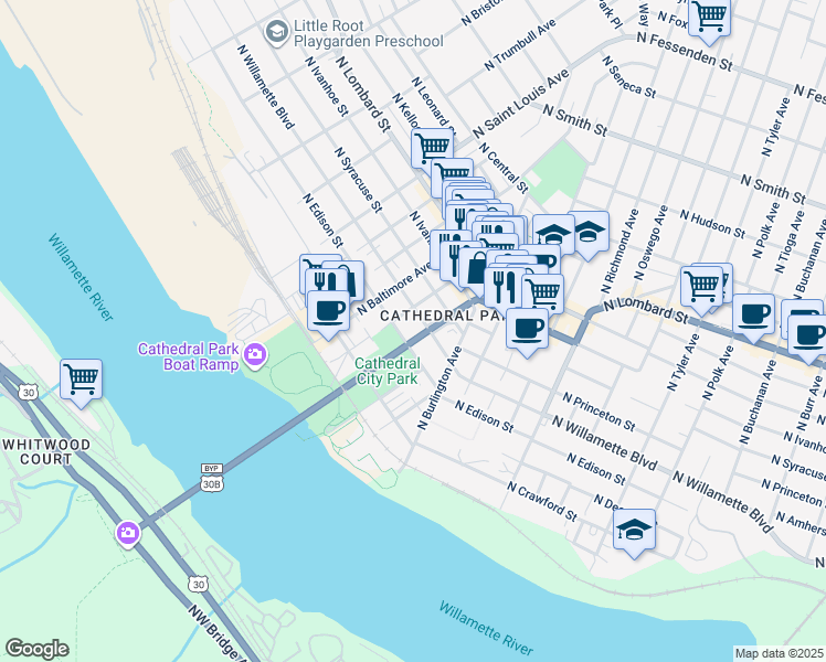map of restaurants, bars, coffee shops, grocery stores, and more near 6635 North Baltimore Avenue in Portland
