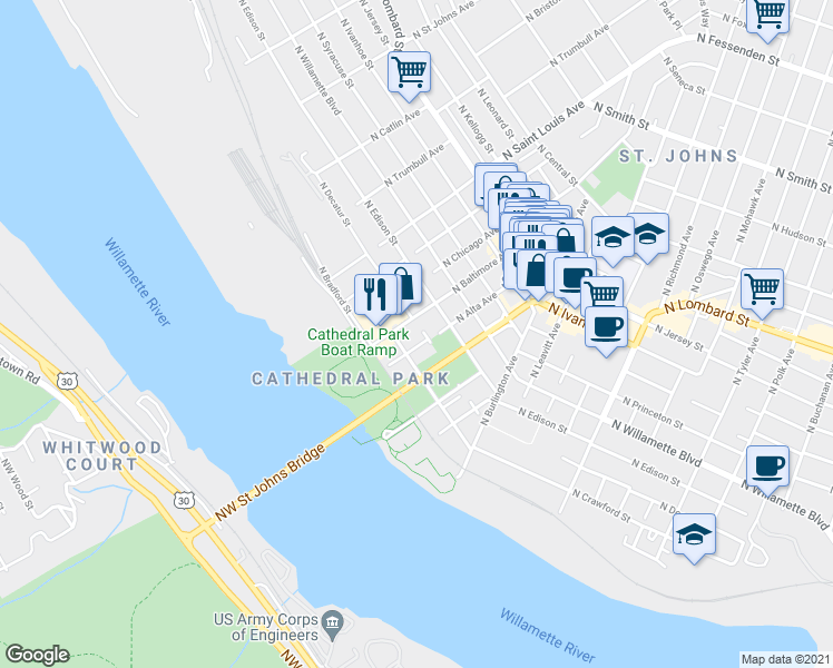 map of restaurants, bars, coffee shops, grocery stores, and more near 6618 North Crawford Street in Portland